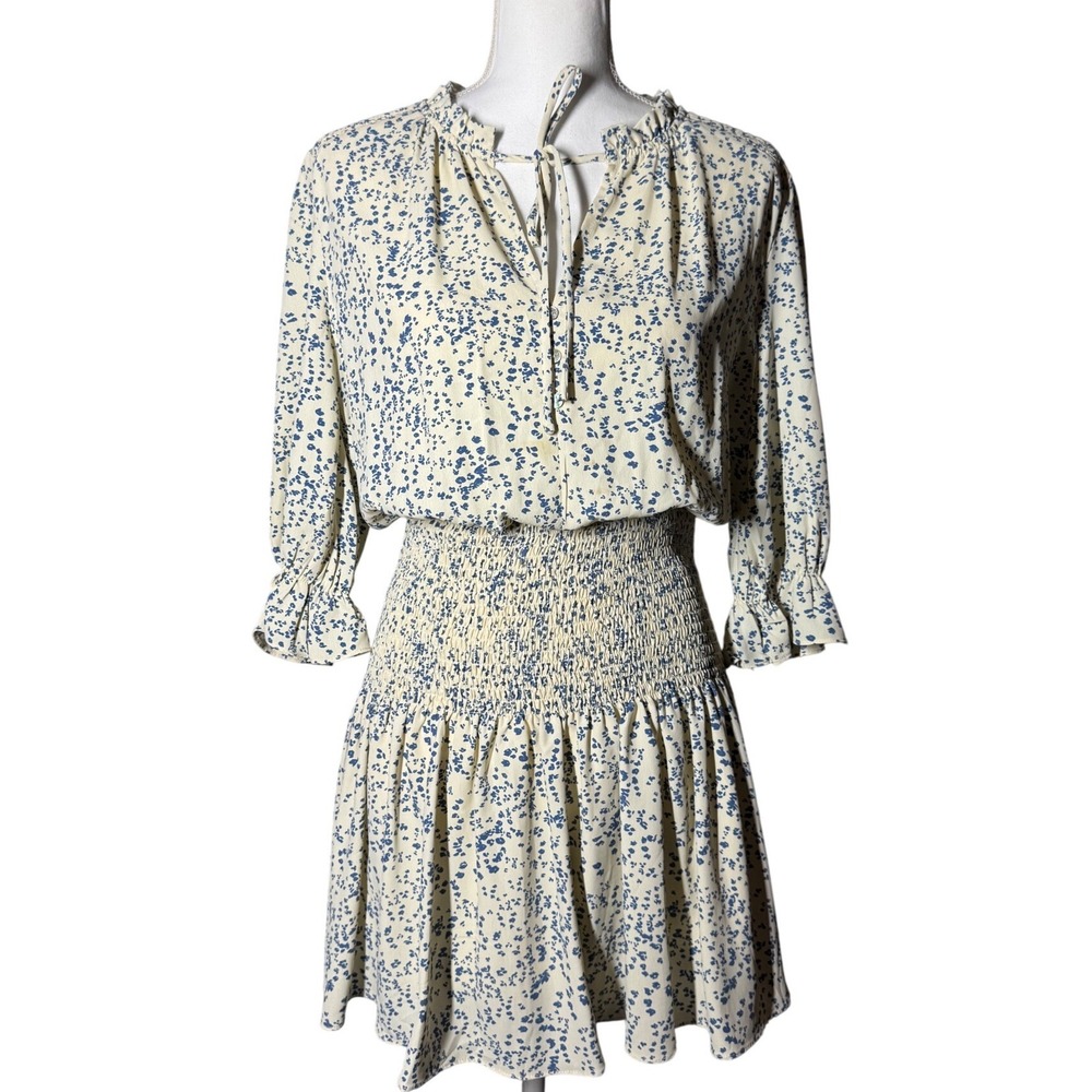 Entro Smocked Waist Floral Mini Dress S Cream Blue Good Ruffle Tiered - Picture 1 of 8